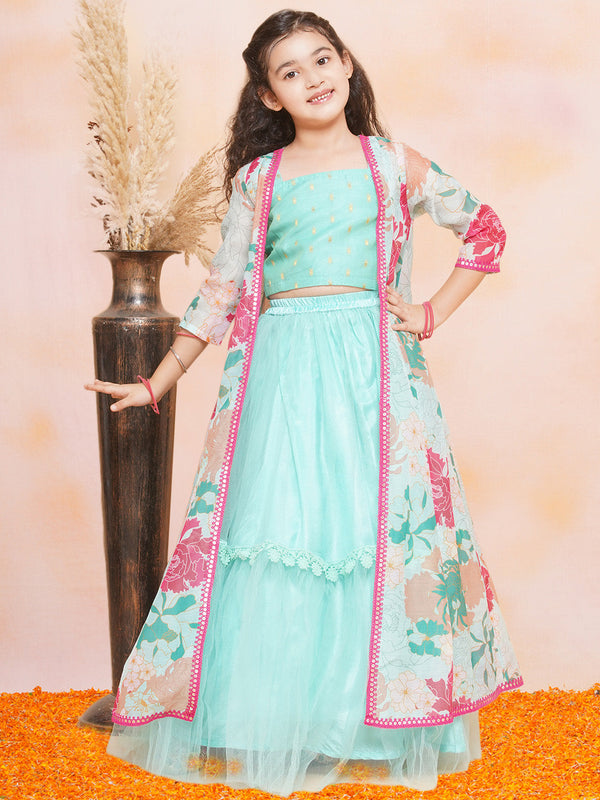 Girls Sea Green Multi Floral Printed Ready to Wear Lehenga & Blouse With Shrug - Bhama - Distacart