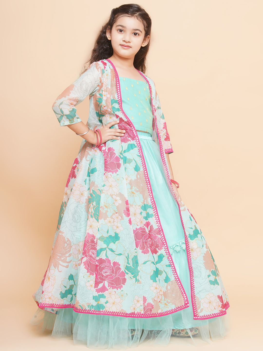 Girls Sea Green Multi Floral Printed Ready to Wear Lehenga & Blouse With Shrug - Bhama - Distacart