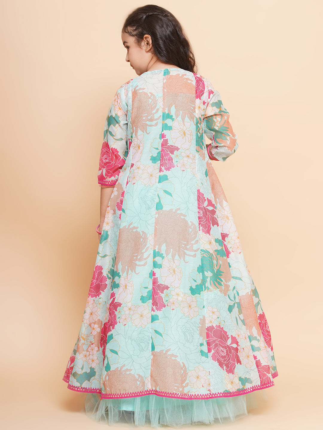 Girls Sea Green Multi Floral Printed Ready to Wear Lehenga & Blouse With Shrug - Bhama - Distacart