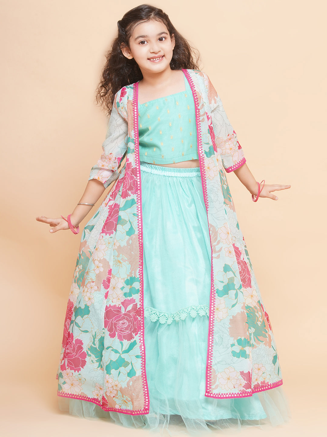 Girls Sea Green Multi Floral Printed Ready to Wear Lehenga & Blouse With Shrug - Bhama - Distacart