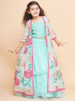 Thumbnail for Girls Sea Green Multi Floral Printed Ready to Wear Lehenga & Blouse With Shrug - Bhama - Distacart