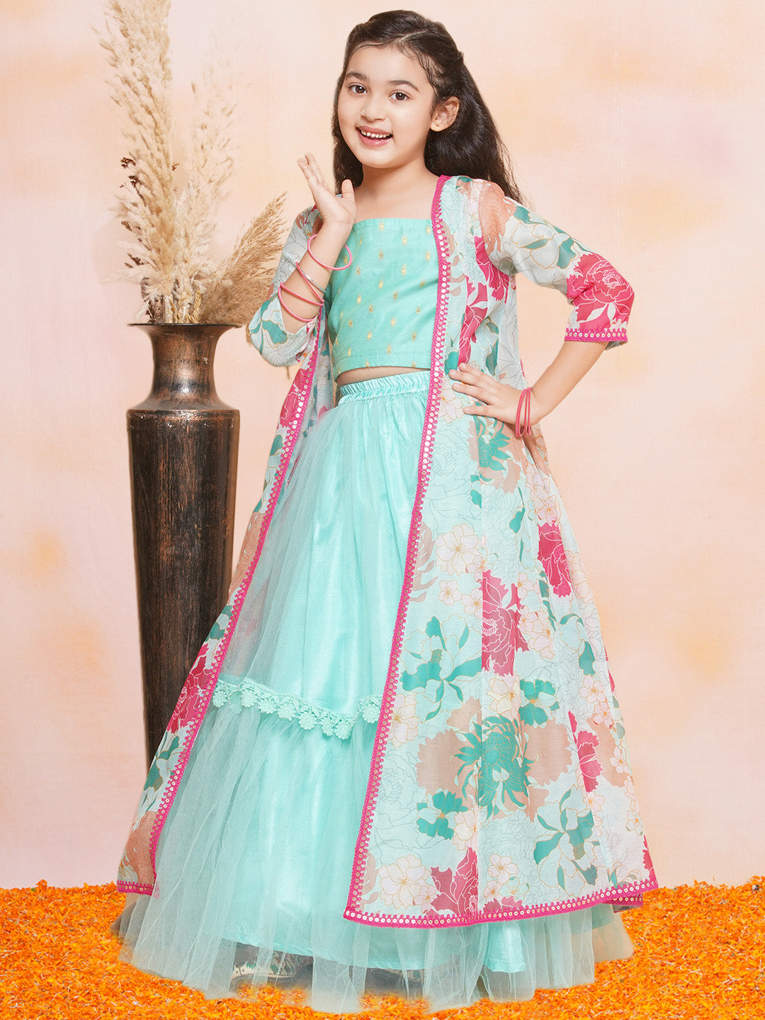 Girls Sea Green Multi Floral Printed Ready to Wear Lehenga & Blouse With Shrug - Bhama - Distacart