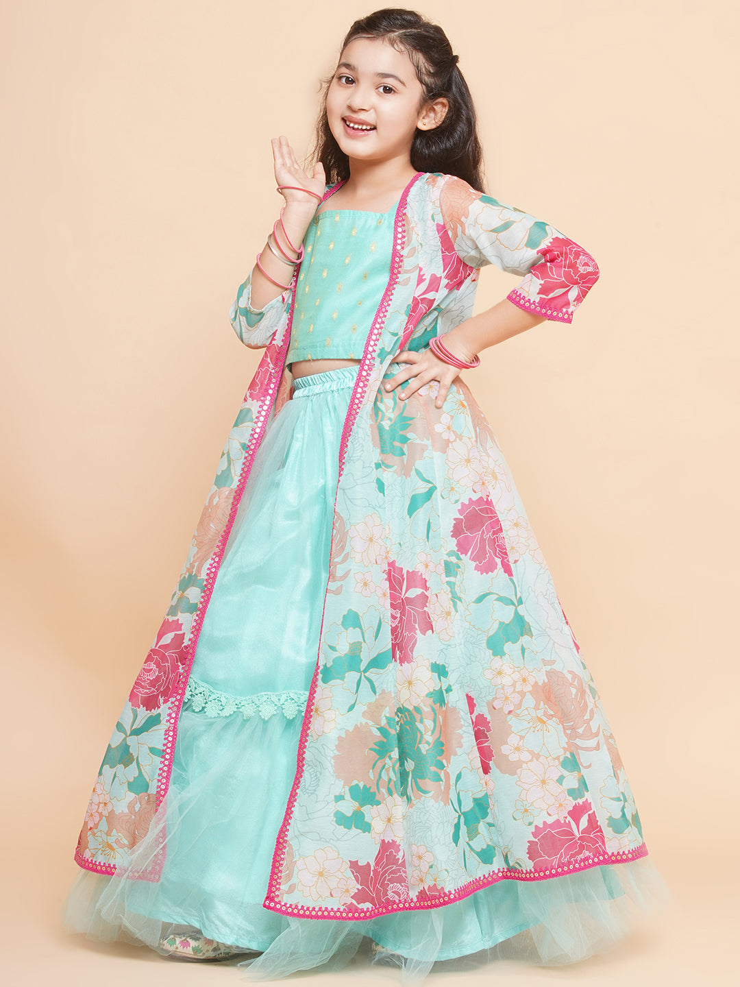 Girls Sea Green Multi Floral Printed Ready to Wear Lehenga & Blouse With Shrug - Bhama - Distacart