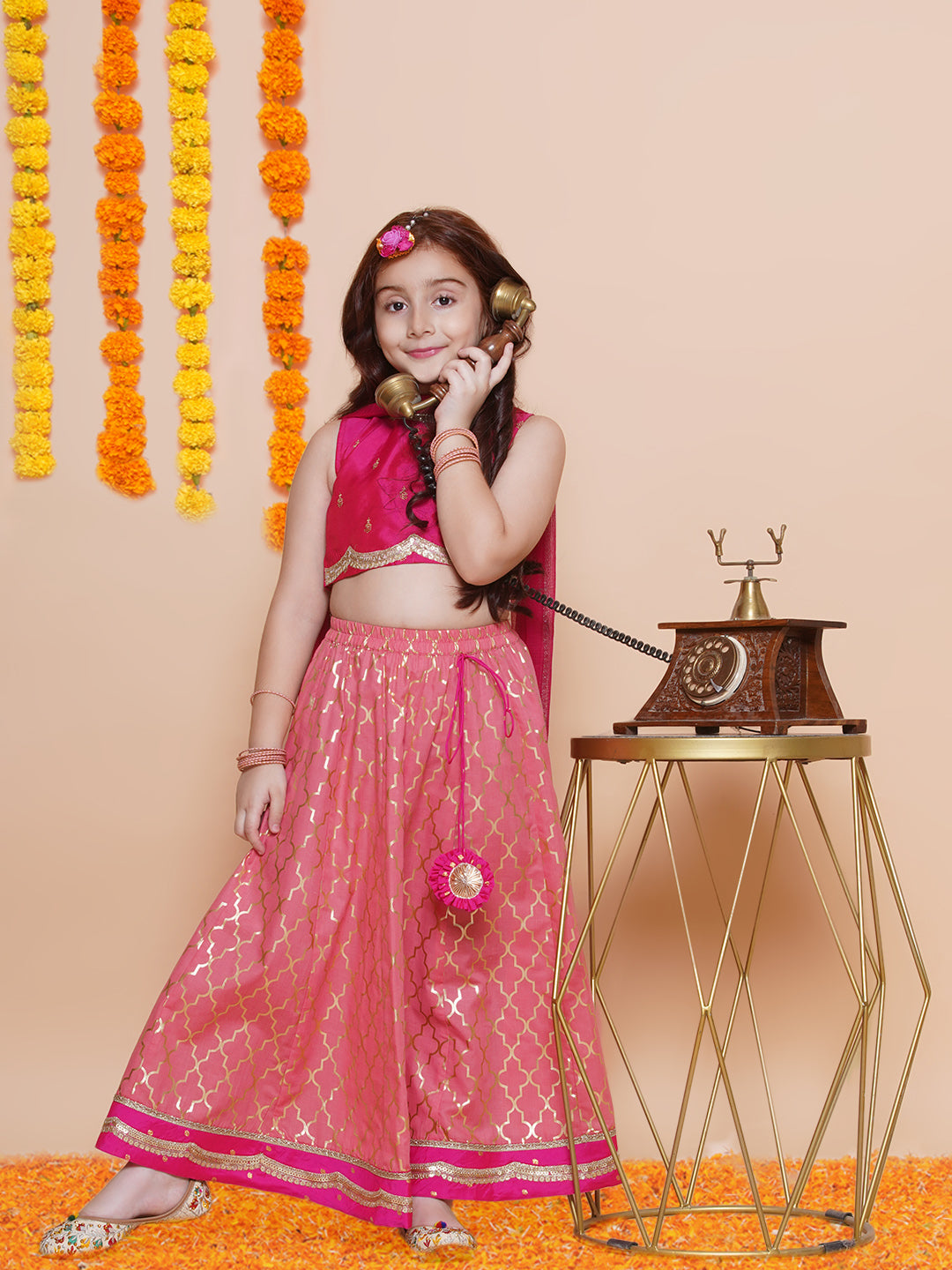 Girls Pink Embroidered Choli Peach Jaal foil printed Lehenga With Dupatta - Bhama - Distacart