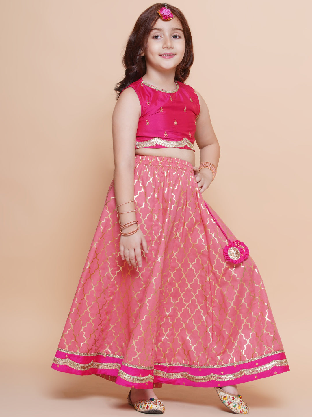 Girls Pink Embroidered Choli Peach Jaal foil printed Lehenga With Dupatta - Bhama - Distacart