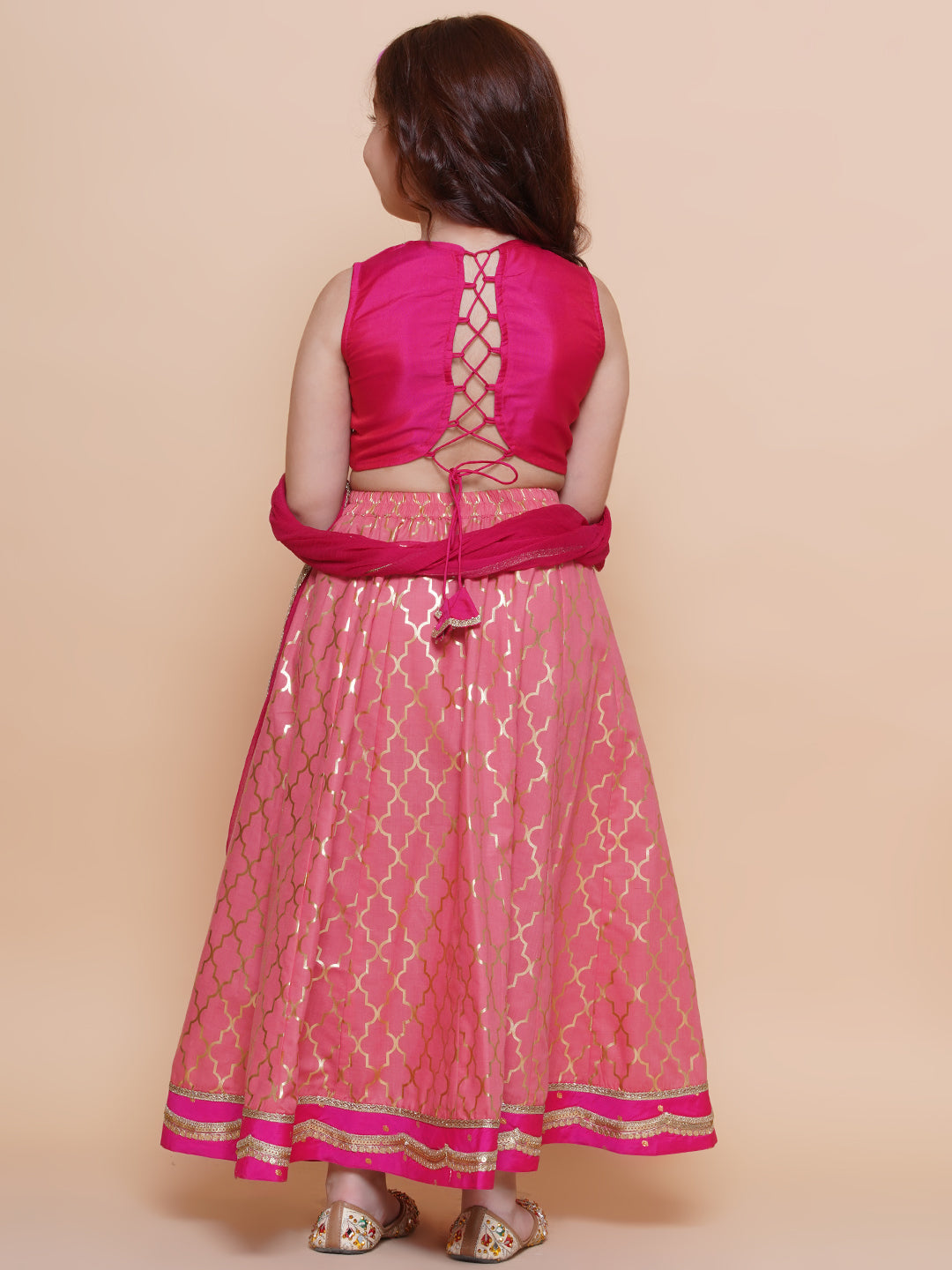 Girls Pink Embroidered Choli Peach Jaal foil printed Lehenga With Dupatta - Bhama - Distacart