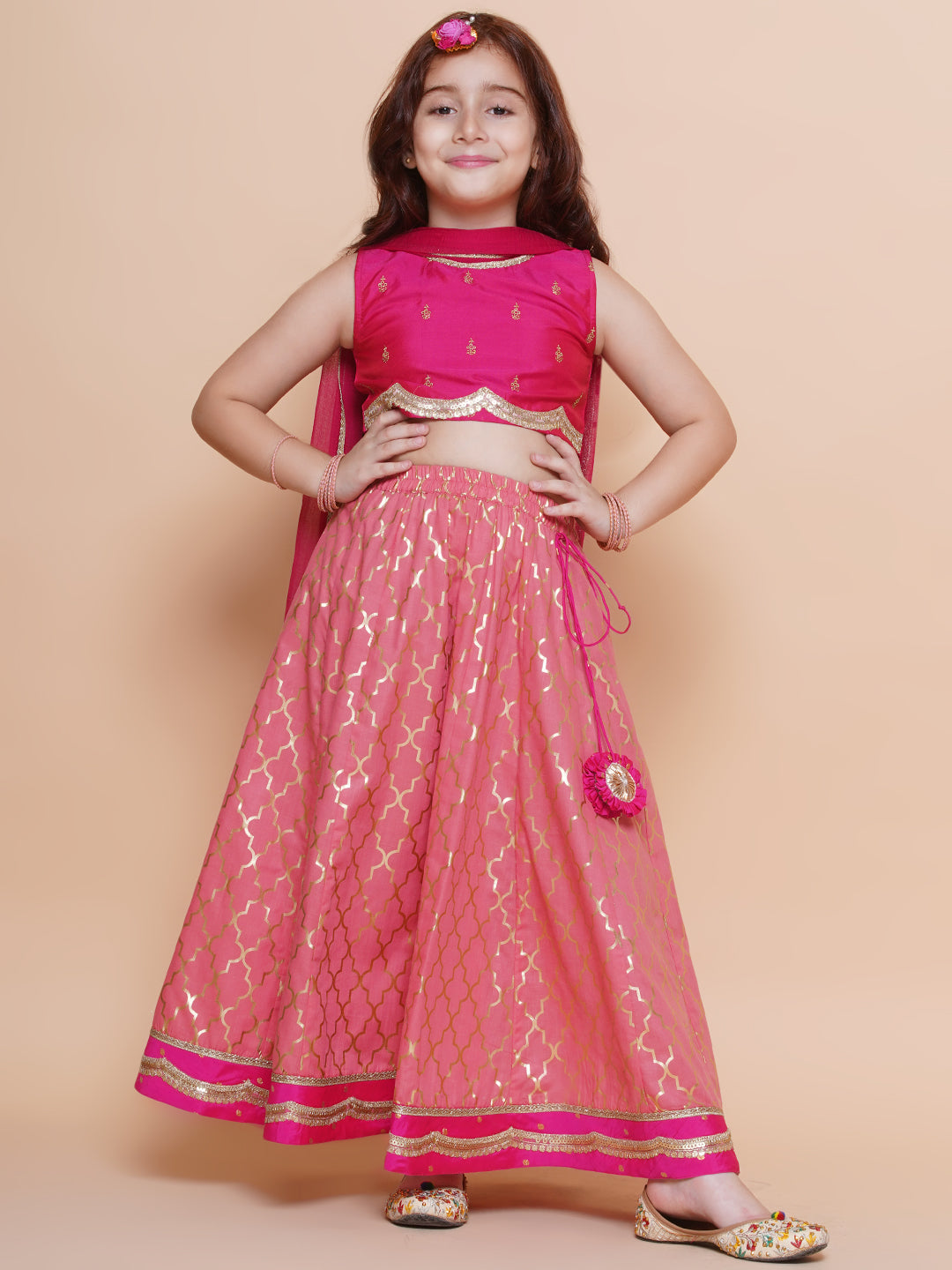 Girls Pink Embroidered Choli Peach Jaal foil printed Lehenga With Dupatta - Bhama - Distacart