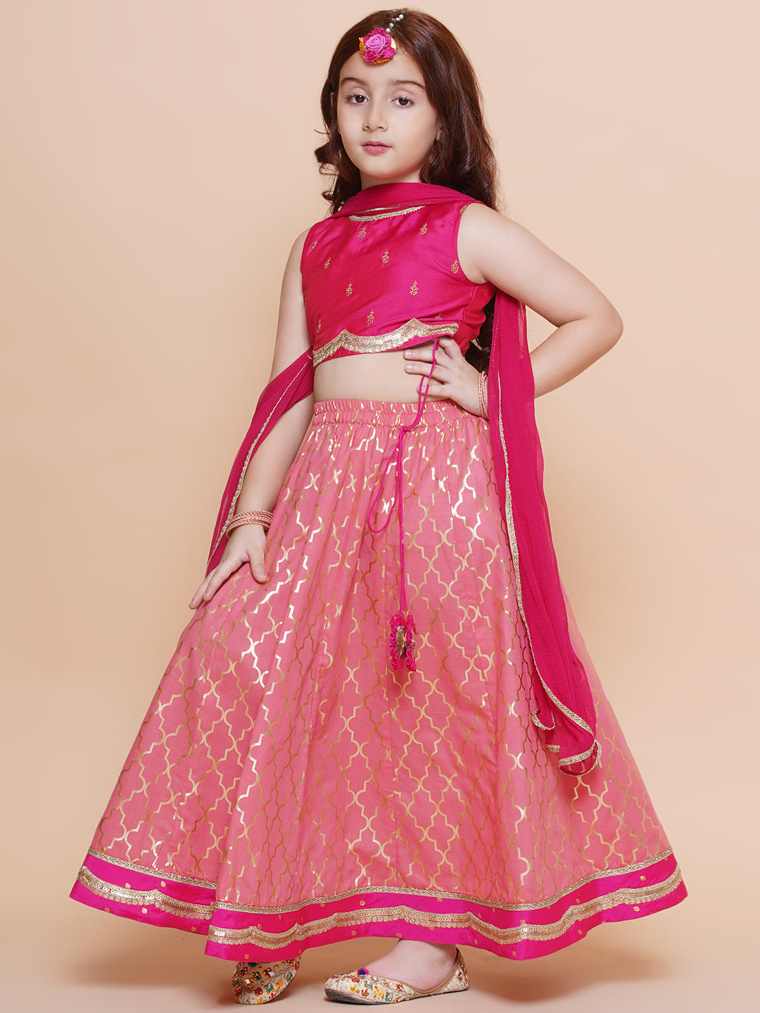 Girls Pink Embroidered Choli Peach Jaal foil printed Lehenga With Dupatta - Bhama - Distacart