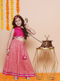 Thumbnail for Girls Pink Embroidered Choli Peach Jaal foil printed Lehenga With Dupatta - Bhama - Distacart