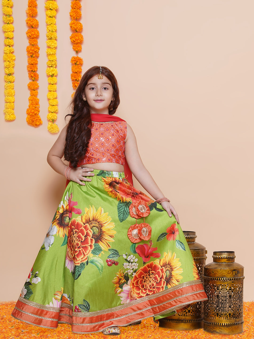 Girls Orange Embroidered Choli Green Flower printed Lehenga With Dupatta - Bhama - Distacart
