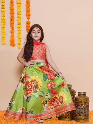 Girls Orange Embroidered Choli Green Flower printed Lehenga With Dupatta - Bhama - Distacart