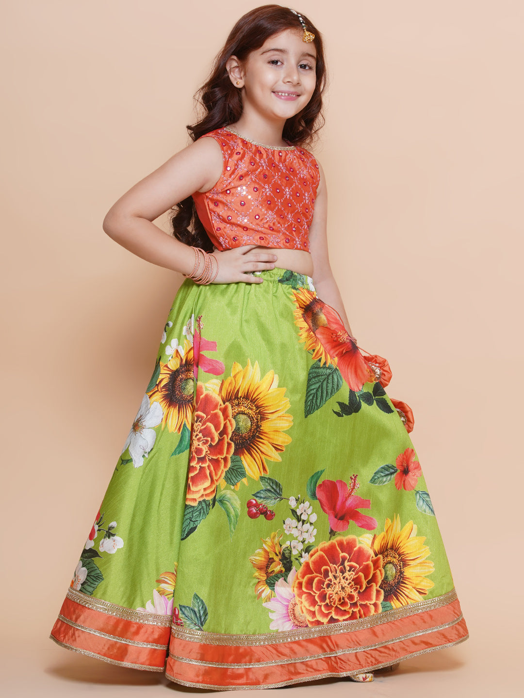 Girls Orange Embroidered Choli Green Flower printed Lehenga With Dupatta - Bhama - Distacart