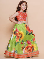 Thumbnail for Girls Orange Embroidered Choli Green Flower printed Lehenga With Dupatta - Bhama - Distacart