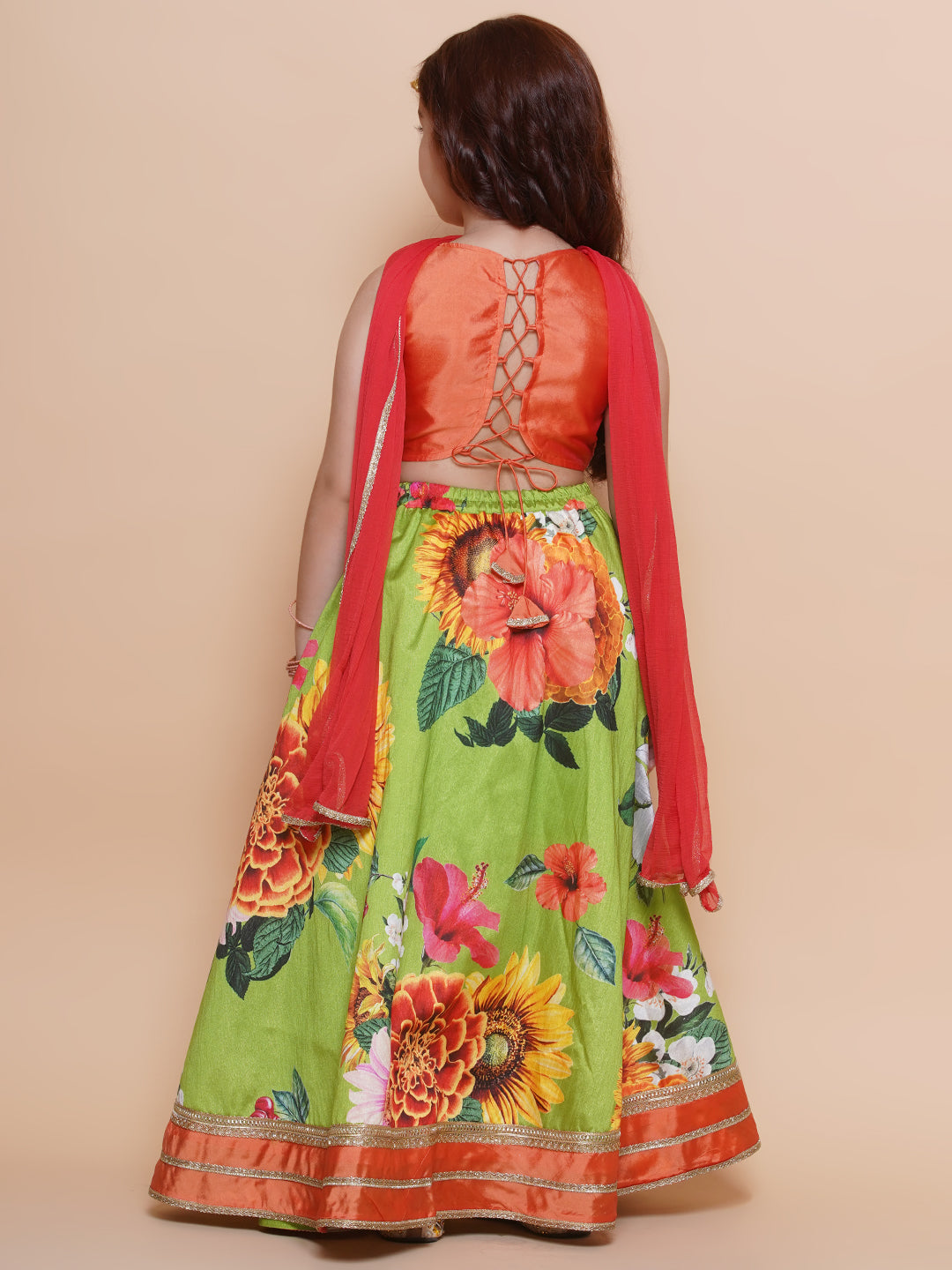 Girls Orange Embroidered Choli Green Flower printed Lehenga With Dupatta - Bhama - Distacart