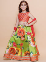Thumbnail for Girls Orange Embroidered Choli Green Flower printed Lehenga With Dupatta - Bhama - Distacart