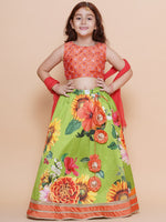 Thumbnail for Girls Orange Embroidered Choli Green Flower printed Lehenga With Dupatta - Bhama - Distacart