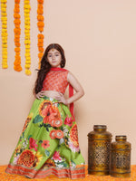 Thumbnail for Girls Orange Embroidered Choli Green Flower printed Lehenga With Dupatta - Bhama - Distacart