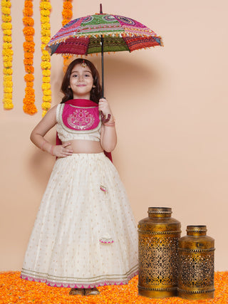 Girls Off white Jacquard booti lehenga & Pink Embroidered Choli Lehenga With Dupatta - Bhama - Distacart