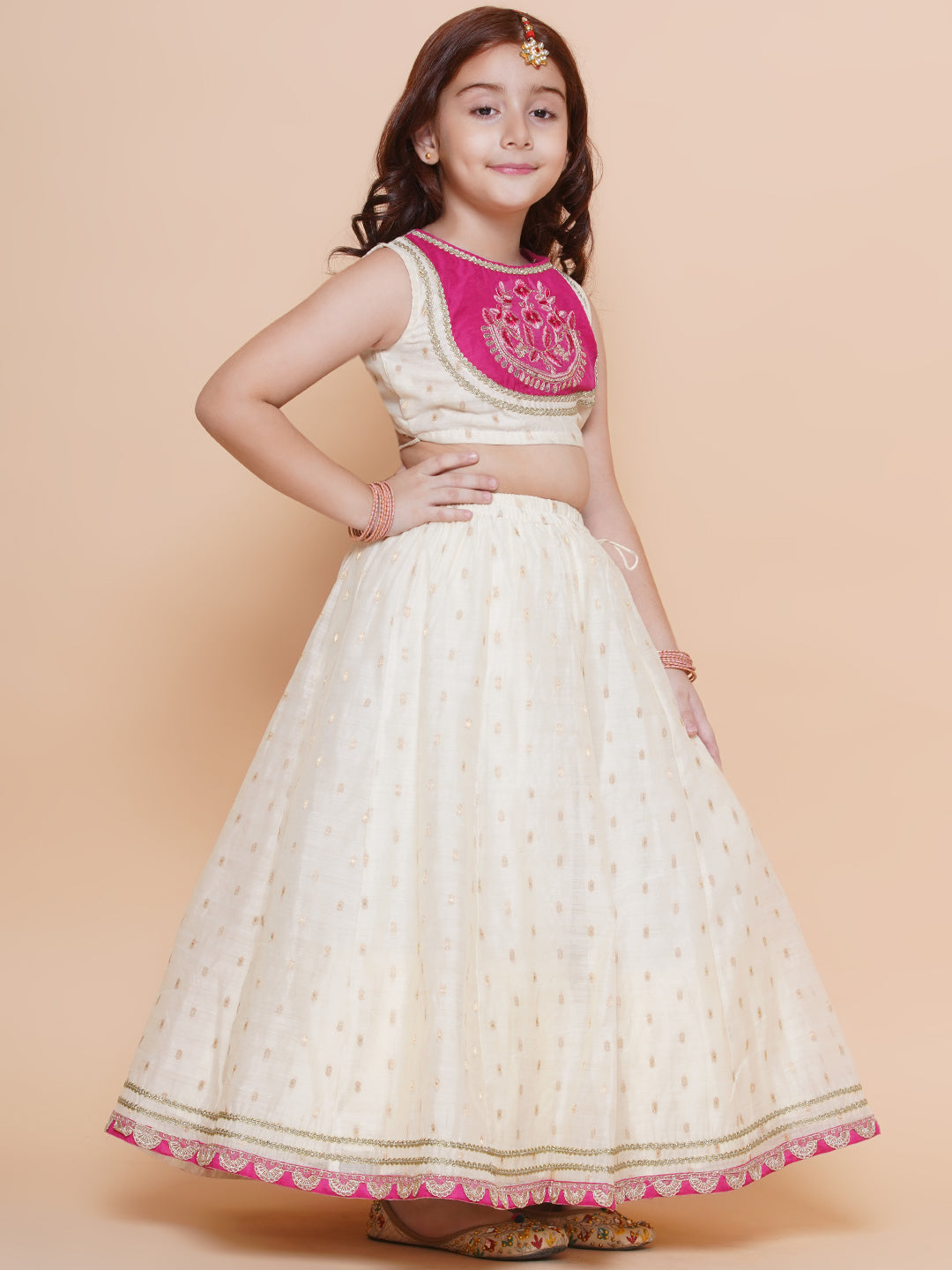 Girls Off white Jacquard booti lehenga & Pink Embroidered Choli Lehenga With Dupatta - Bhama - Distacart