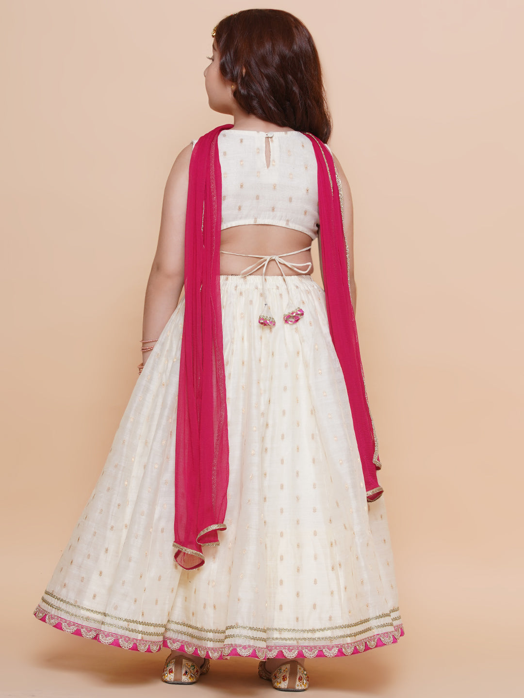 Girls Off white Jacquard booti lehenga & Pink Embroidered Choli Lehenga With Dupatta - Bhama - Distacart