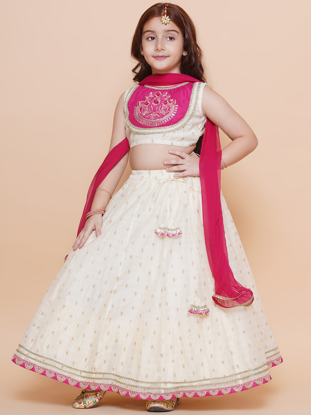 Girls Off white Jacquard booti lehenga & Pink Embroidered Choli Lehenga With Dupatta - Bhama - Distacart