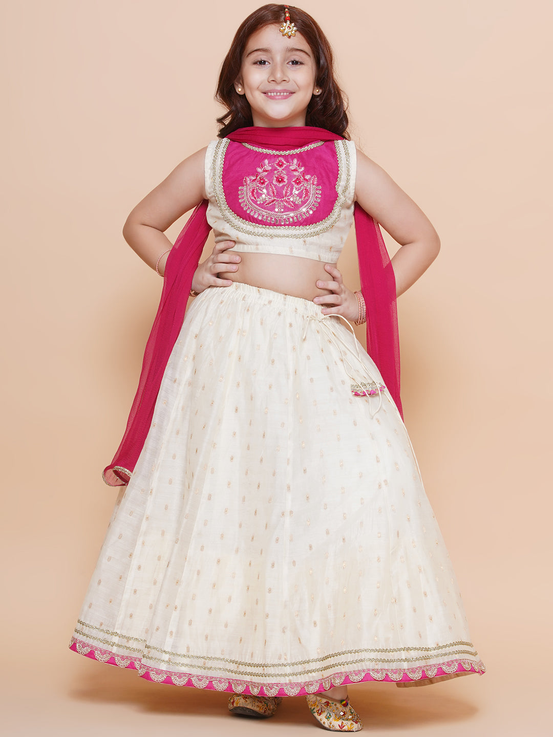 Girls Off white Jacquard booti lehenga & Pink Embroidered Choli Lehenga With Dupatta - Bhama - Distacart
