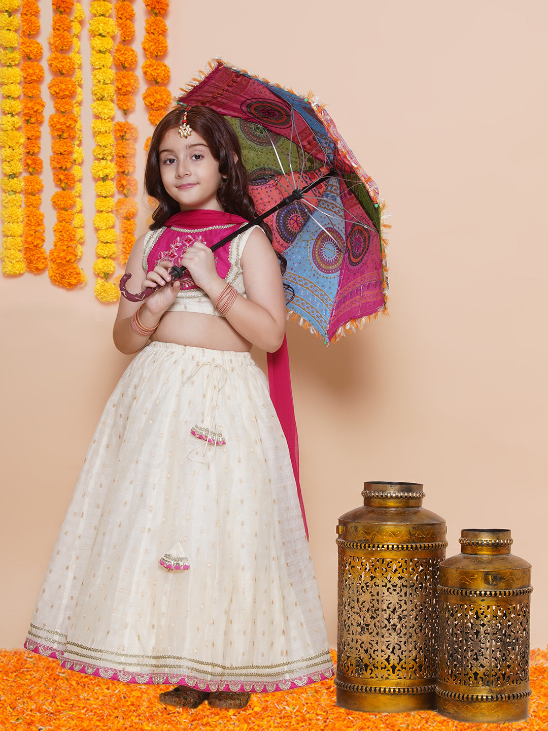 Girls Off white Jacquard booti lehenga & Pink Embroidered Choli Lehenga With Dupatta - Bhama - Distacart