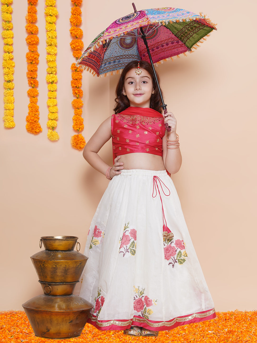 Girls Peach embroidered choli & floral embroidered Design Lehenga With Dupatta - Bhama - Distacart