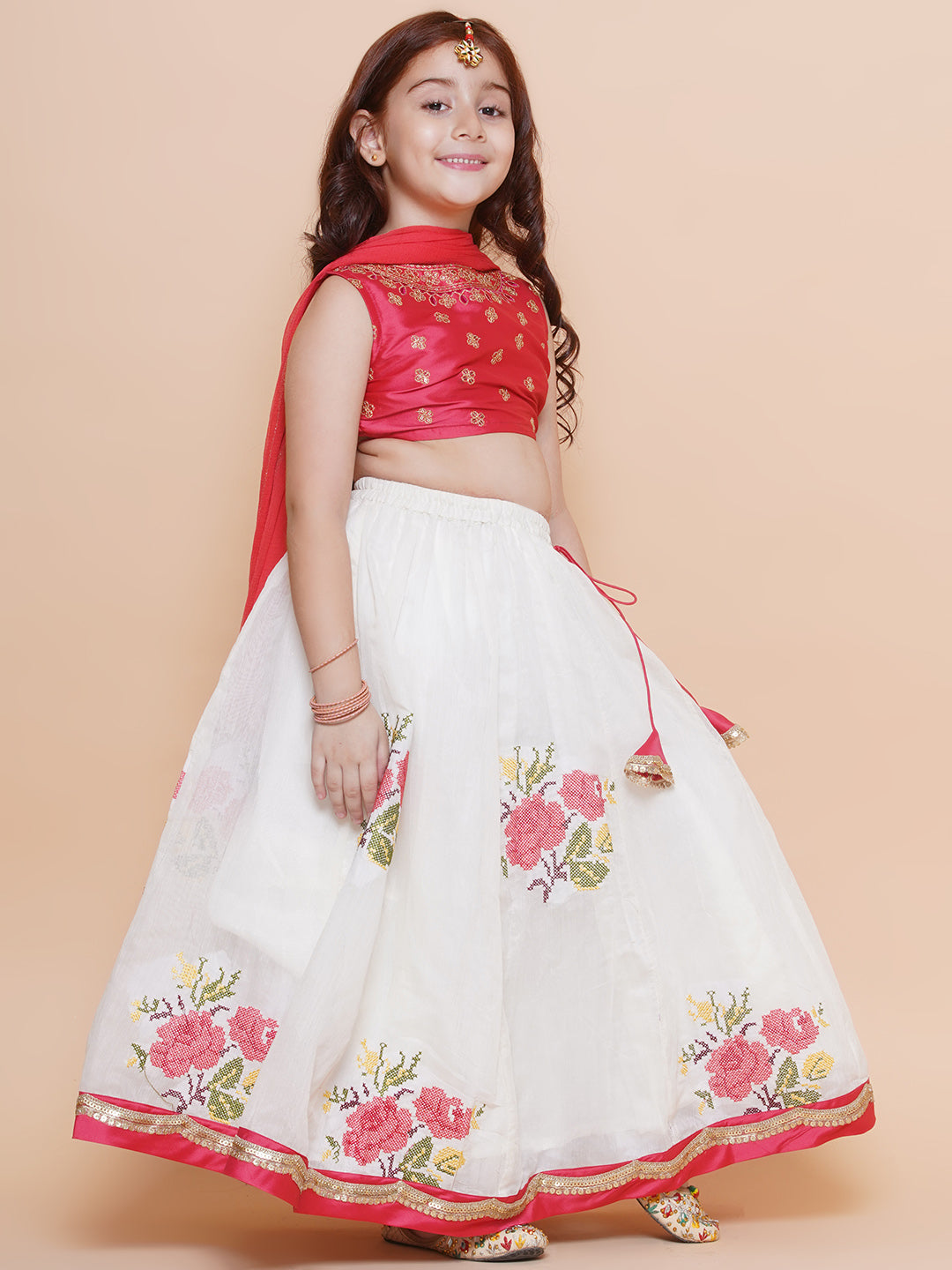 Girls Peach embroidered choli & floral embroidered Design Lehenga With Dupatta - Bhama - Distacart
