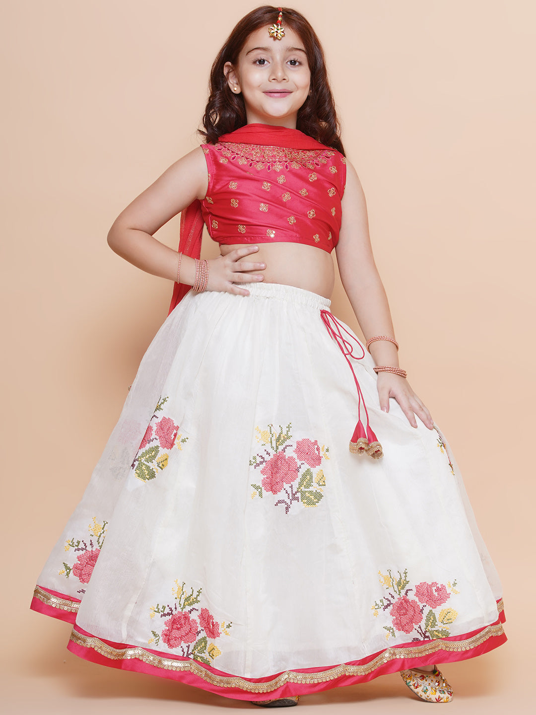 Girls Peach embroidered choli & floral embroidered Design Lehenga With Dupatta - Bhama - Distacart