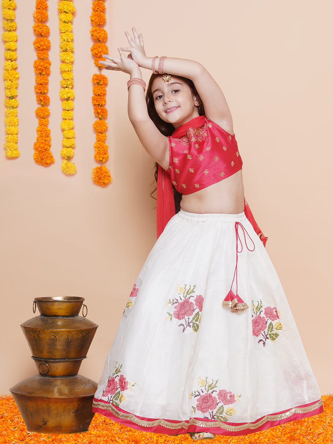 Girls Peach embroidered choli & floral embroidered Design Lehenga With Dupatta - Bhama - Distacart
