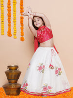 Thumbnail for Girls Peach embroidered choli & floral embroidered Design Lehenga With Dupatta - Bhama - Distacart