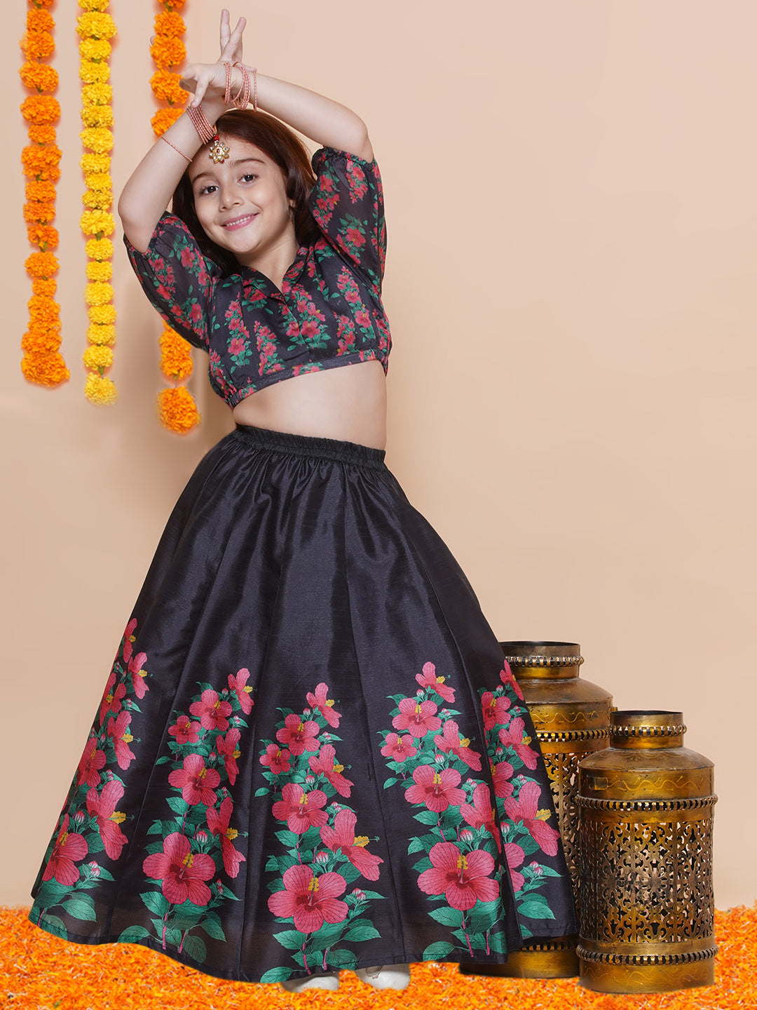 Girls Black Floral Printed Ready to Wear Lehenga & Blouse - Bhama - Distacart