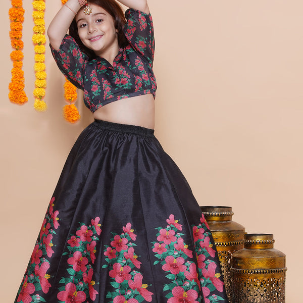 Girls Black Floral Printed Ready to Wear Lehenga & Blouse - Bhama - Distacart