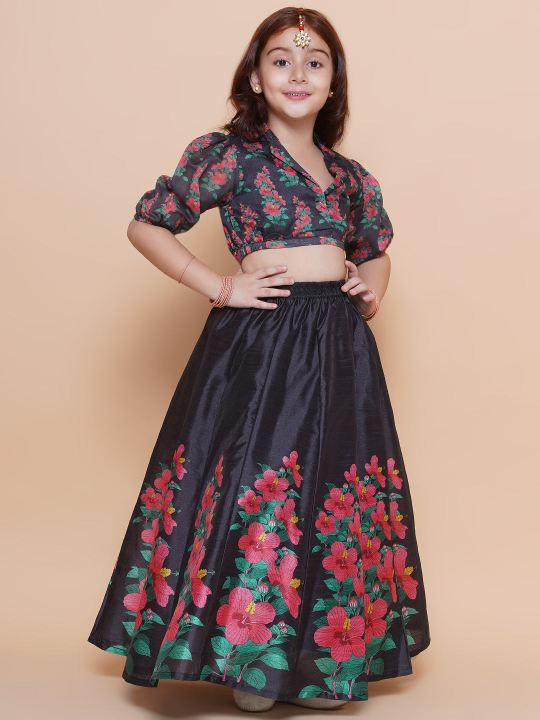 Girls Black Floral Printed Ready to Wear Lehenga & Blouse - Bhama - Distacart