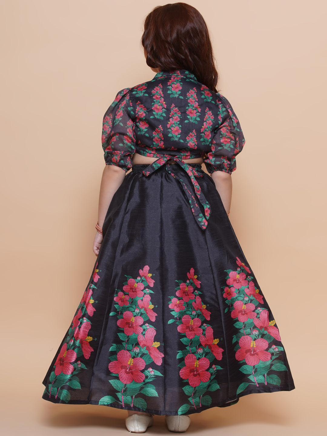 Girls Black Floral Printed Ready to Wear Lehenga & Blouse - Bhama - Distacart