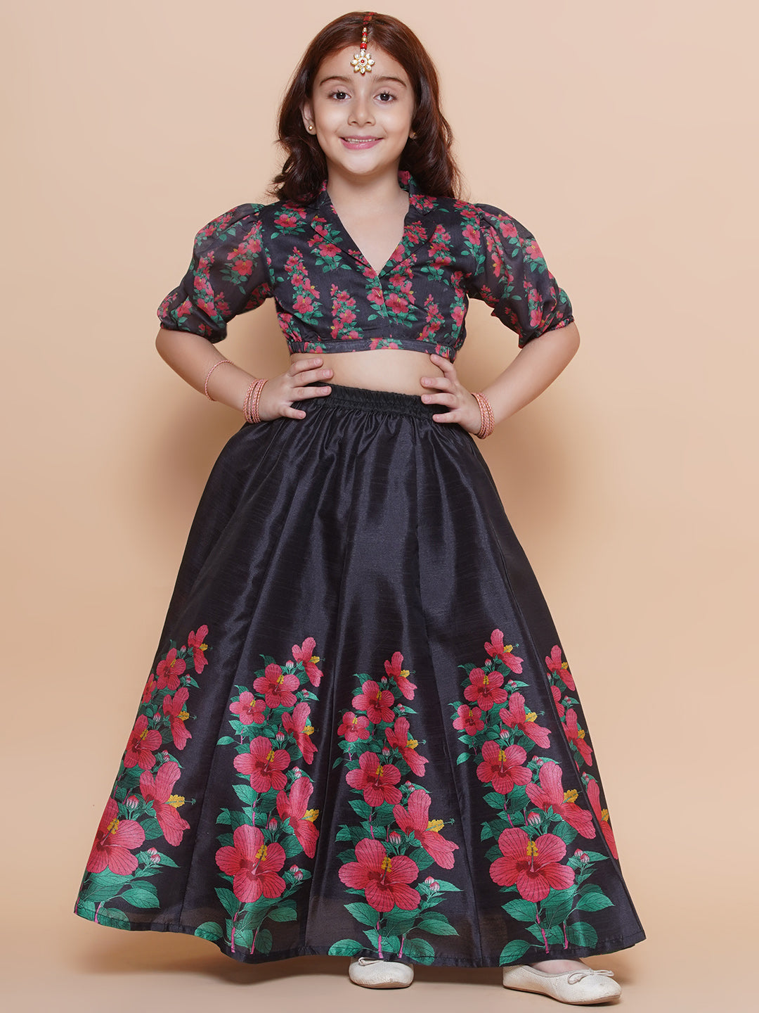 Girls Black Floral Printed Ready to Wear Lehenga & Blouse - Bhama - Distacart