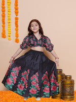 Thumbnail for Girls Black Floral Printed Ready to Wear Lehenga & Blouse - Bhama - Distacart