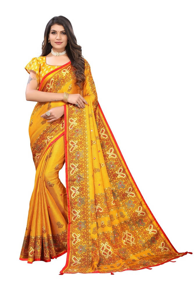 Vamika Yellow Jute Silk Mirror Work Saree