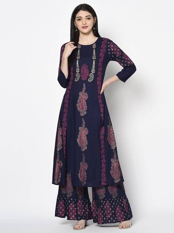 Aniyah Rayon Navy Blue Color Block Print A-line Flared Long Kurta Palazzo Set with Two Front Slits (AN-214K)
