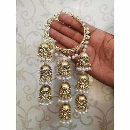 Three Steps Jhumkas With White Pearls Hanging Bangles