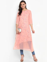 Thumbnail for Janasya Pink Floral Print A-Line Kurta - Distacart