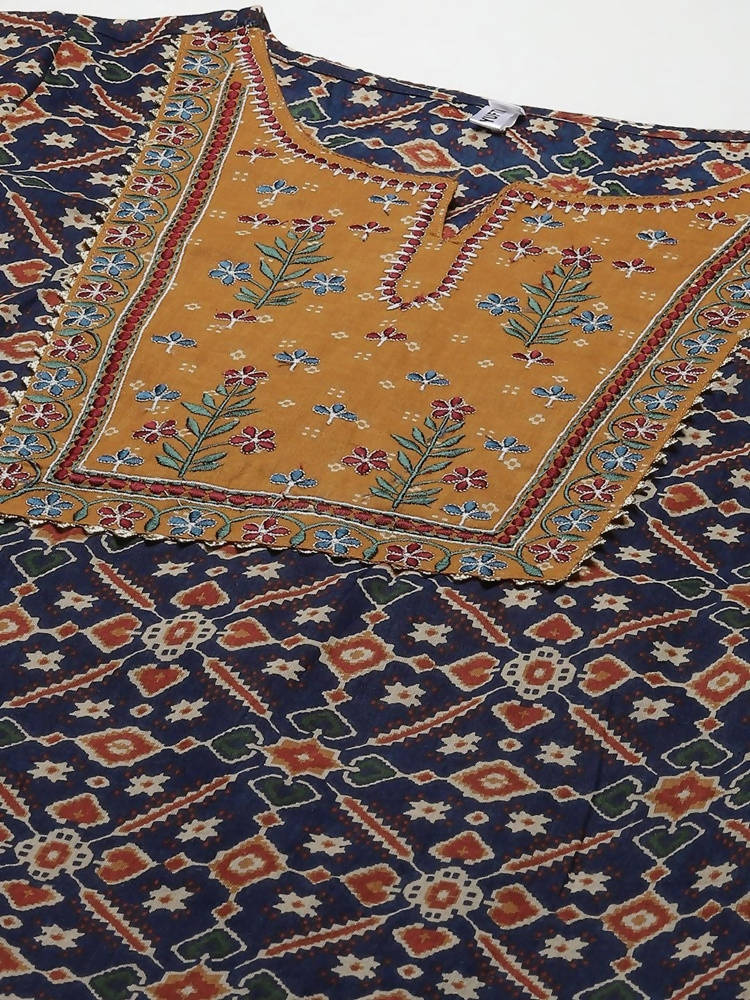 Yufta Women Navy Blue Ethnic Motifs Regular Thread Work Pure Cotton Kurta with Trouser With Dupatta