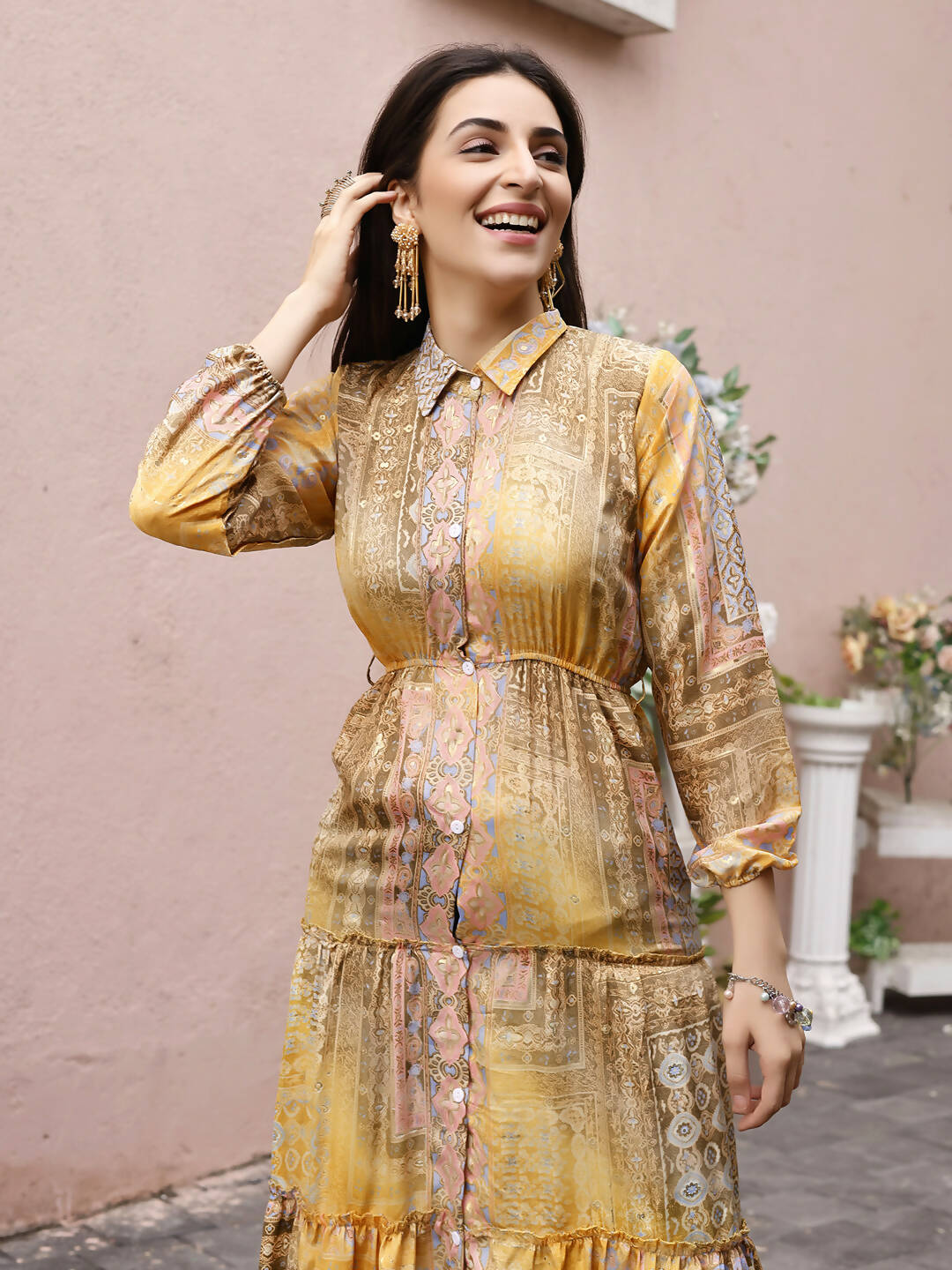 Mustard Crepe Foil Printed Long Dress - Michan - Distacart