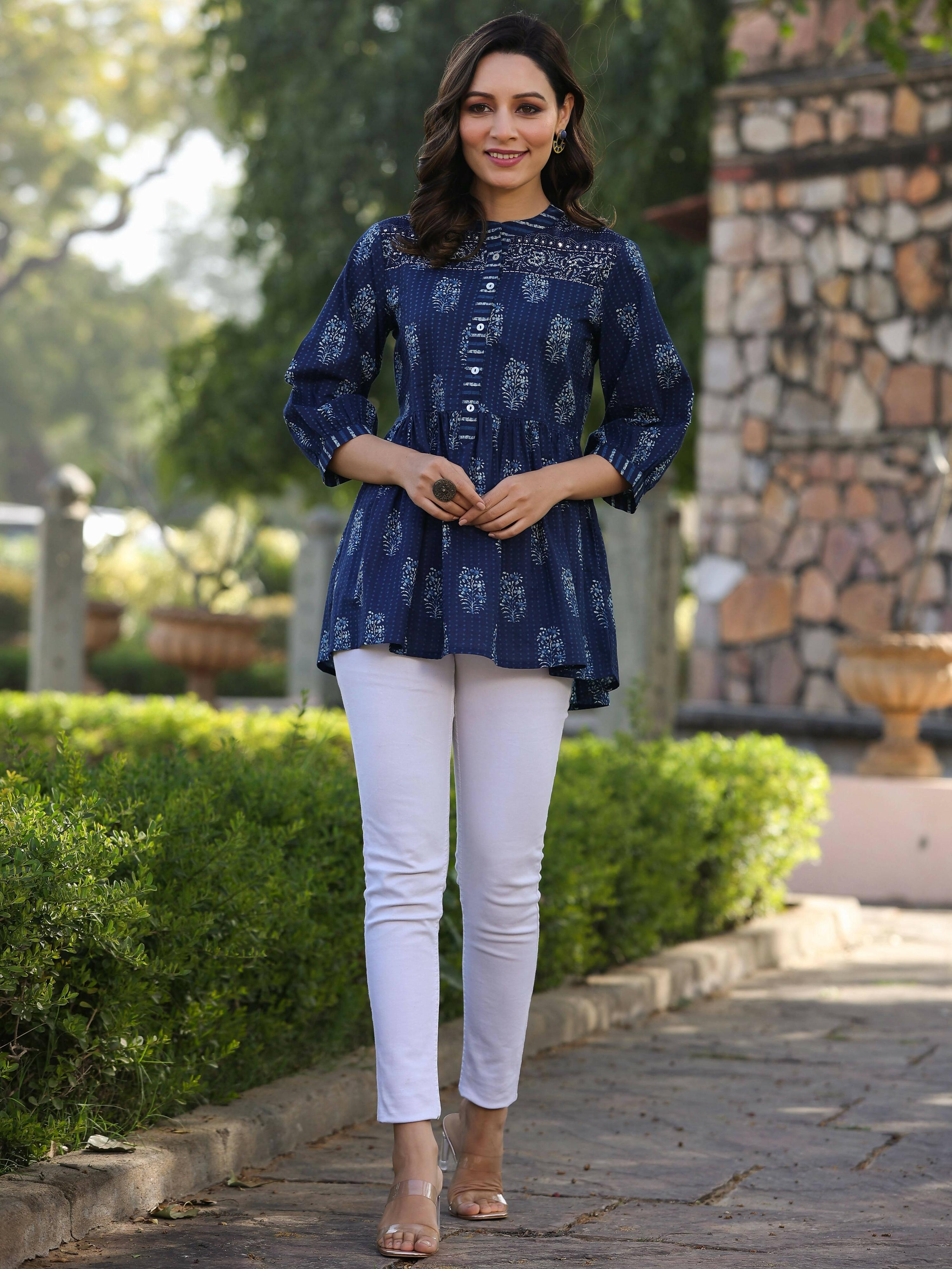 Juniper Women's Indigo Printed Peplum Tunic - Distacart