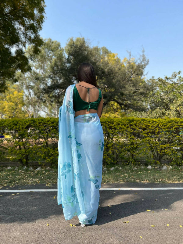 Vamsee Sky Blue Chiffon Designer Saree - Distacart