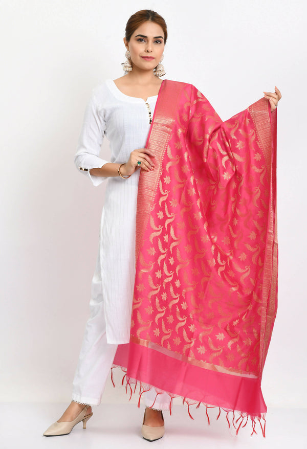 Mominos Fashion Moeza Women's Banarsi Silk Floral Woven Design Pink Dupatta - Distacart