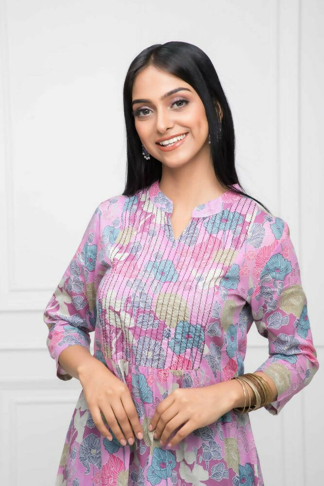 Myshka Women Multi Floral Rayon A-Line Round Neck Kurtas - Distacart