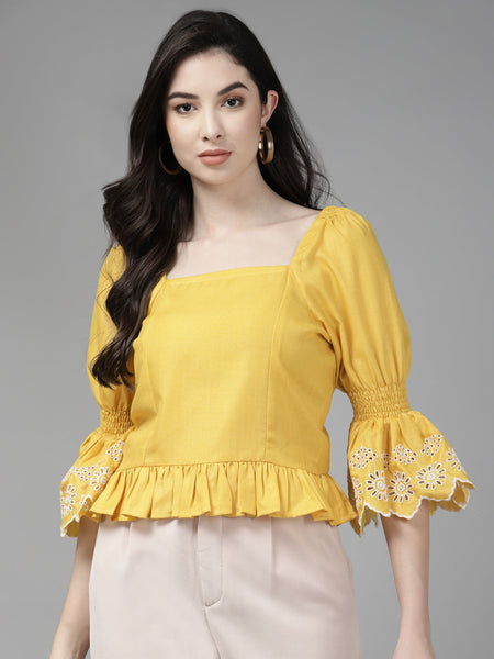 Women's Yellow Schiffli Top - Bhama - Distacart
