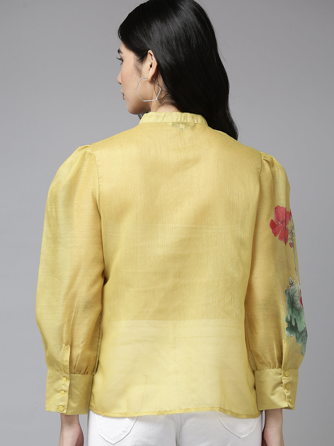 Women's Mustard Yellow & Red Floral Print Shirt Style Top - Bhama - Distacart